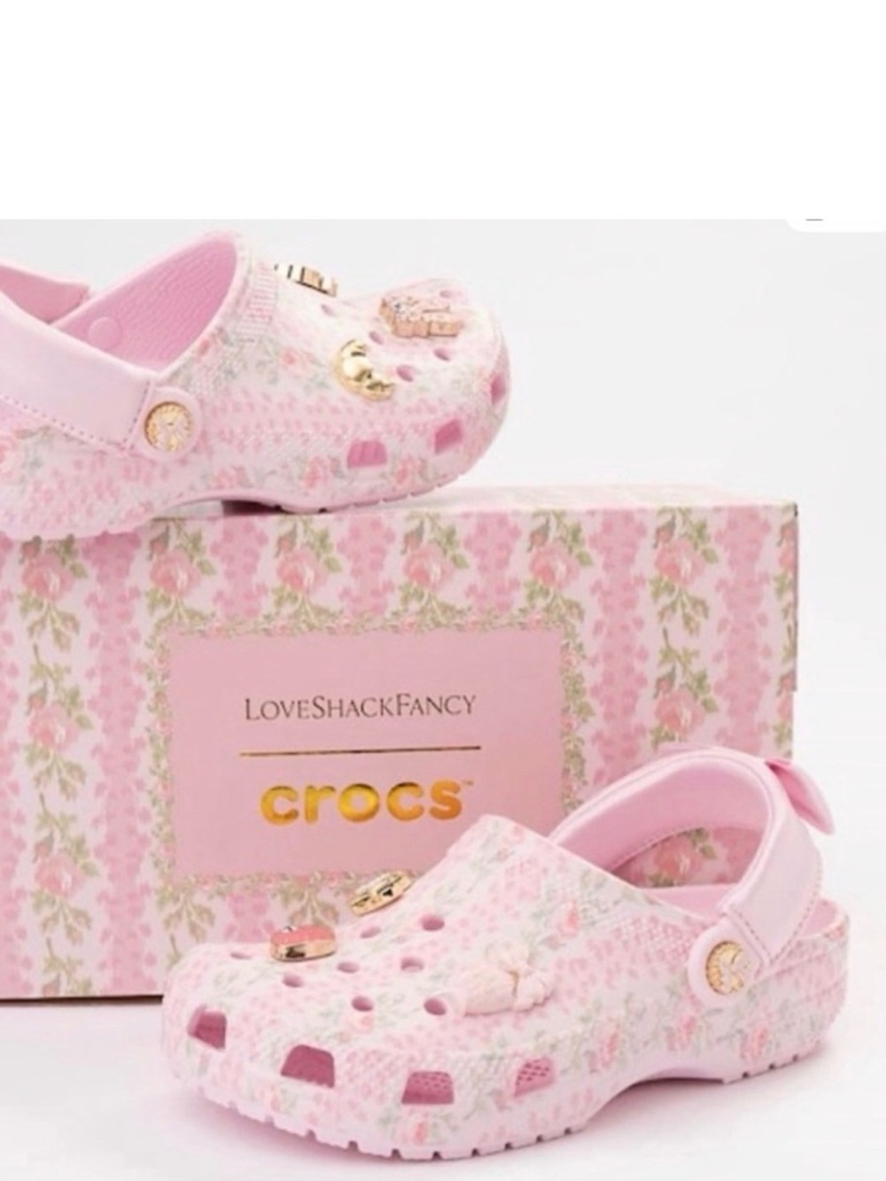 CROCS x Love Shack Fancy Kids Pink Floral Clogs with Gold Accents